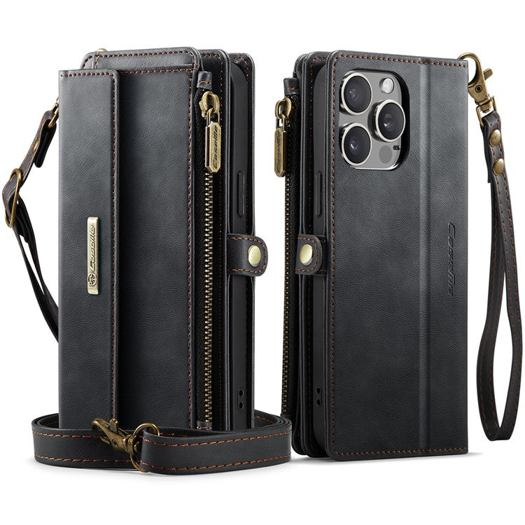 CASEME C39 Series For iPhone 13 Pro Max Case RFID Blocking 9 Card Slots Zipper Wallet Stand Leather Cover with Strap - TechGearPal