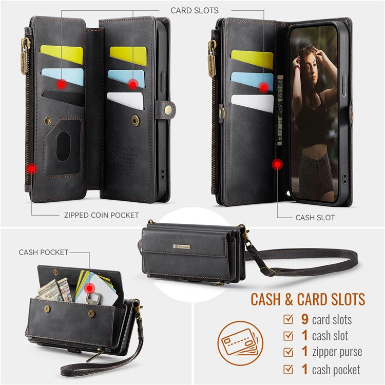 CASEME C39 Series For iPhone 13 Pro Max Case RFID Blocking 9 Card Slots Zipper Wallet Stand Leather Cover with Strap - TechGearPal
