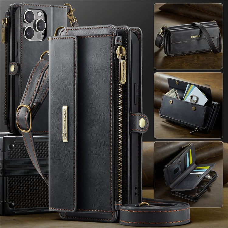CASEME C39 Series For iPhone 13 Pro Max Case RFID Blocking 9 Card Slots Zipper Wallet Stand Leather Cover with Strap - TechGearPal