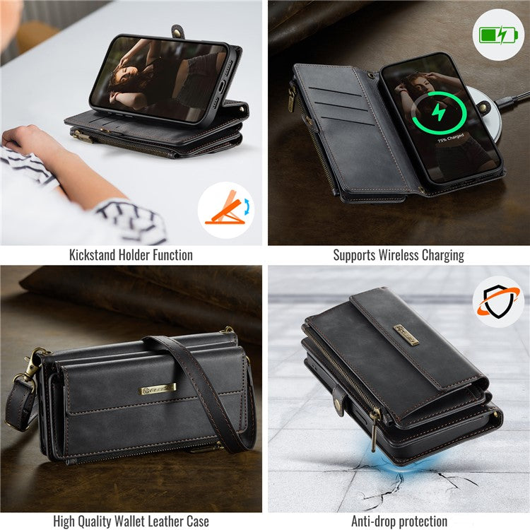CASEME C39 Series For iPhone 13 Pro Max Case RFID Blocking 9 Card Slots Zipper Wallet Stand Leather Cover with Strap - TechGearPal