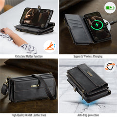 CASEME C39 Series For iPhone 13 Pro Max Case RFID Blocking 9 Card Slots Zipper Wallet Stand Leather Cover with Strap - TechGearPal