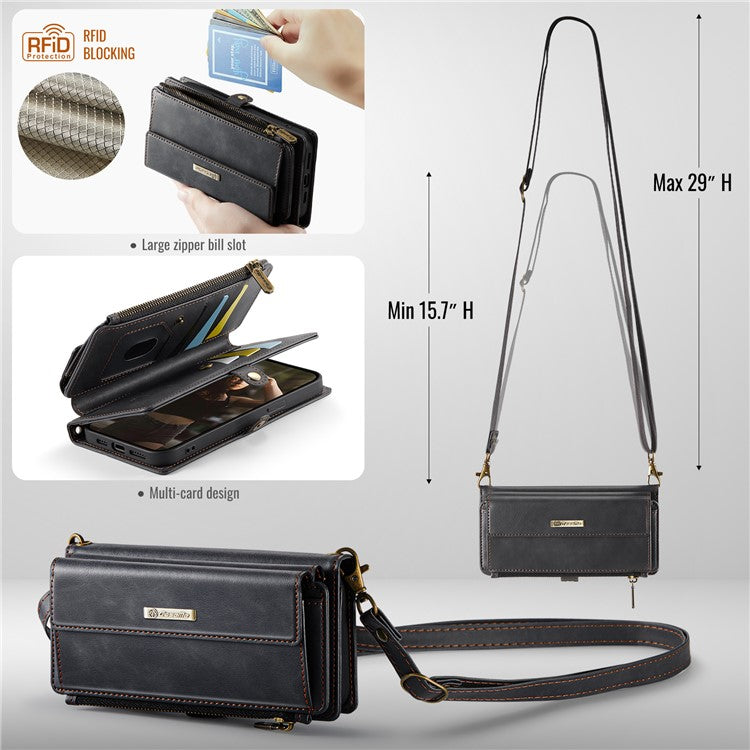 CASEME C39 Series For iPhone 13 Pro Max Case RFID Blocking 9 Card Slots Zipper Wallet Stand Leather Cover with Strap - TechGearPal