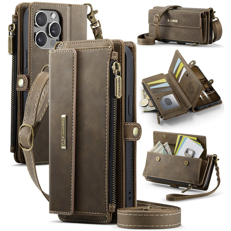 CASEME C39 Series For iPhone 13 Pro Max Case RFID Blocking 9 Card Slots Zipper Wallet Stand Leather Cover with Strap - TechGearPal