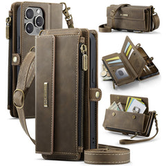CASEME C39 Series For iPhone 13 Pro Max Case RFID Blocking 9 Card Slots Zipper Wallet Stand Leather Cover with Strap - TechGearPal