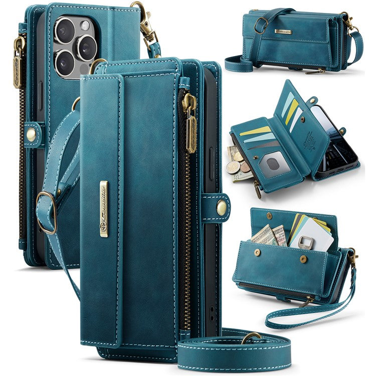 CASEME C39 Series For iPhone 13 Pro Max Case RFID Blocking 9 Card Slots Zipper Wallet Stand Leather Cover with Strap - TechGearPal