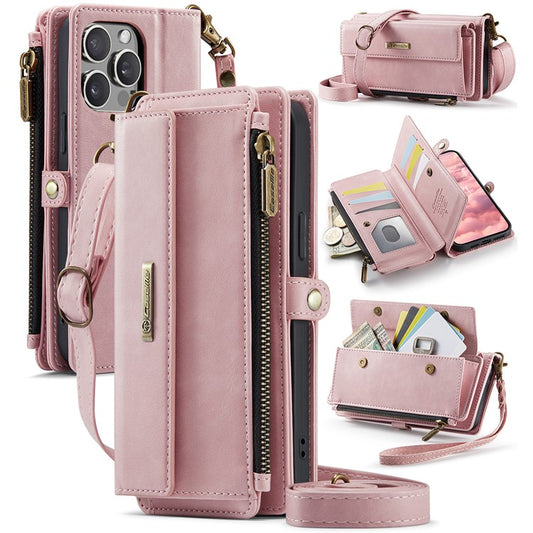 CASEME C39 Series For iPhone 13 Pro Case RFID Blocking 9 Card Slots Zipper Wallet Stand Leather Cover with Strap - TechGearPal