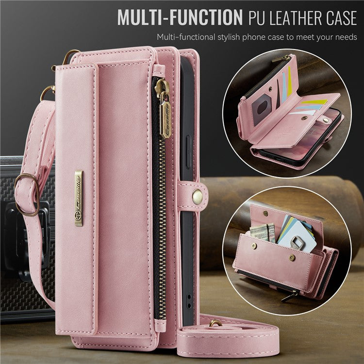 CASEME C39 Series For iPhone 13 Pro Case RFID Blocking 9 Card Slots Zipper Wallet Stand Leather Cover with Strap - TechGearPal