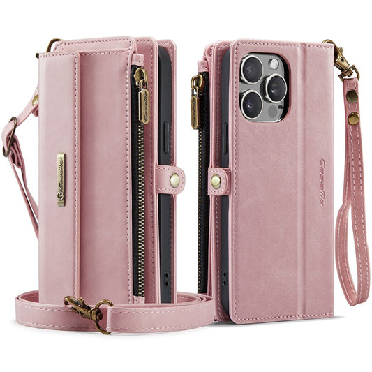CASEME C39 Series For iPhone 13 Pro Case RFID Blocking 9 Card Slots Zipper Wallet Stand Leather Cover with Strap - TechGearPal