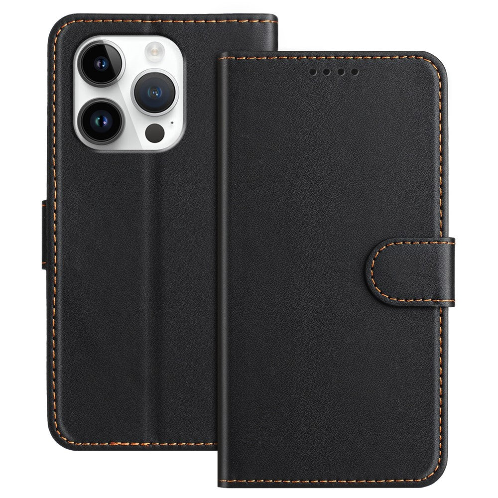 For iPhone 16 Pro Leather Case Wallet Stand Solid Color Anti Drop Phone Cover