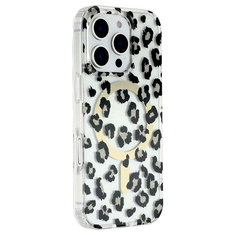 For iPhone 16 Pro Magnetic Case Clear Anti-Yellowing PC + TPU Phone Back Cover Leopard Print Desig