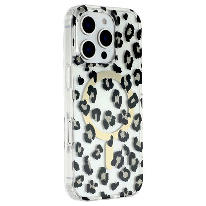For iPhone 16 Pro Magnetic Case Clear Anti-Yellowing PC + TPU Phone Back Cover Leopard Print Desig