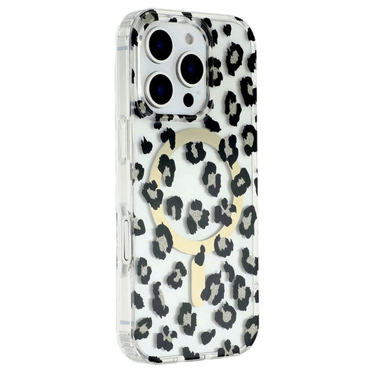 For iPhone 16 Pro Magnetic Case Clear Anti-Yellowing PC + TPU Phone Back Cover Leopard Print Desig