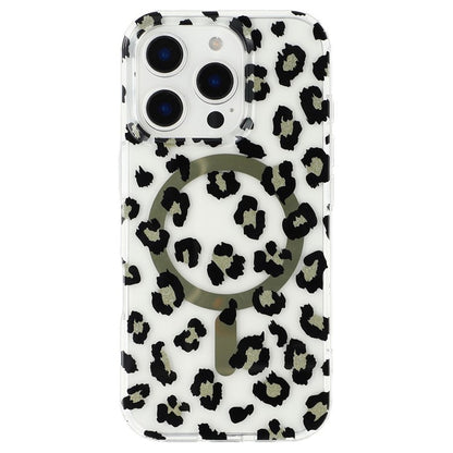 For iPhone 16 Pro Magnetic Case Clear Anti-Yellowing PC + TPU Phone Back Cover Leopard Print Desig