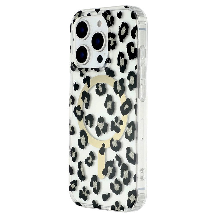 For iPhone 16 Pro Magnetic Case Clear Anti-Yellowing PC + TPU Phone Back Cover Leopard Print Desig