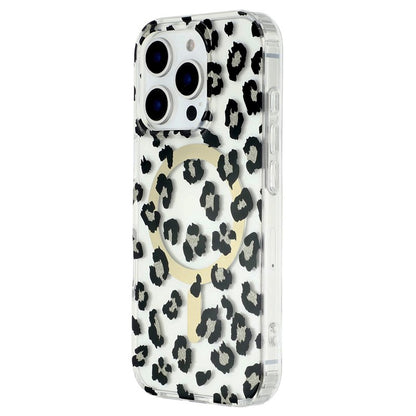 For iPhone 16 Pro Magnetic Case Clear Anti-Yellowing PC + TPU Phone Back Cover Leopard Print Desig