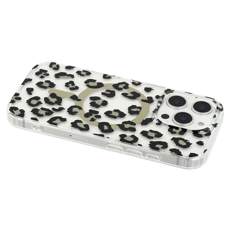 For iPhone 16 Pro Magnetic Case Clear Anti-Yellowing PC + TPU Phone Back Cover Leopard Print Desig