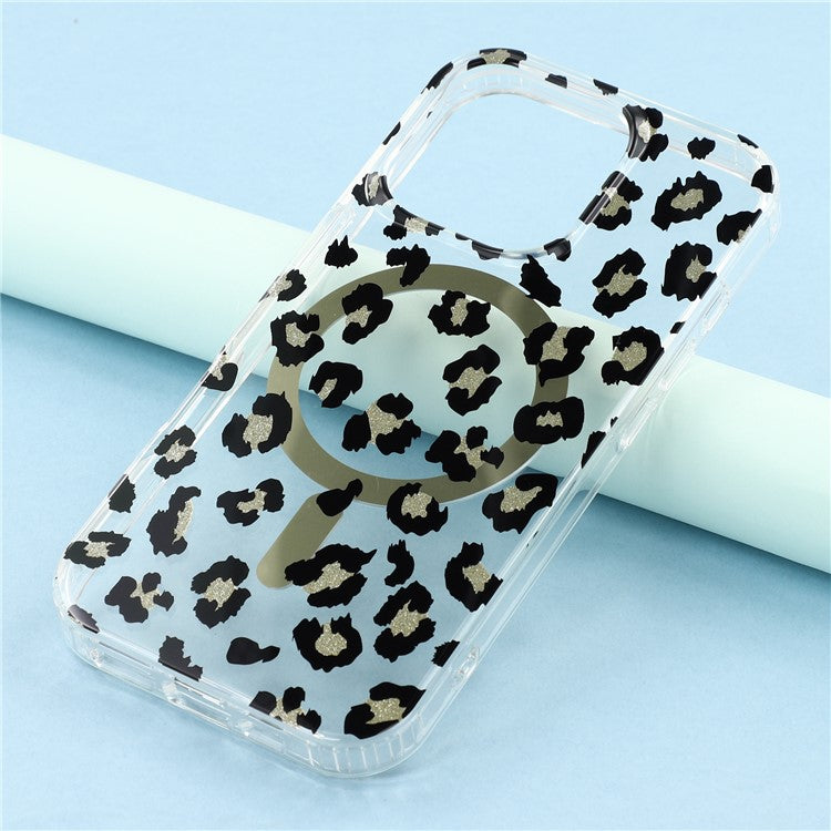 For iPhone 16 Pro Magnetic Case Clear Anti-Yellowing PC + TPU Phone Back Cover Leopard Print Desig