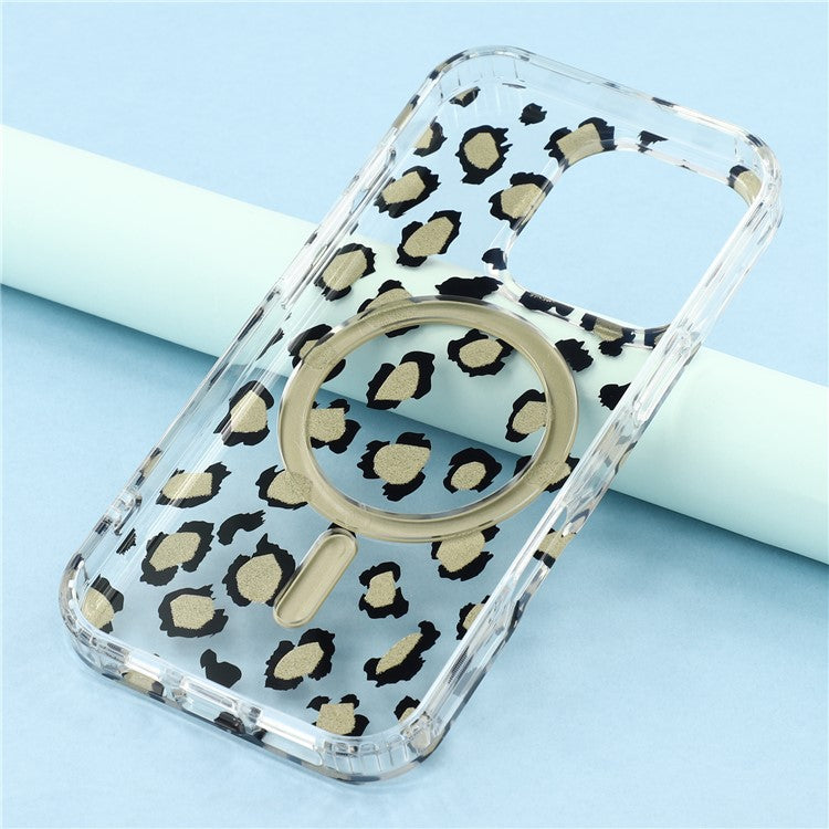For iPhone 16 Pro Magnetic Case Clear Anti-Yellowing PC + TPU Phone Back Cover Leopard Print Desig