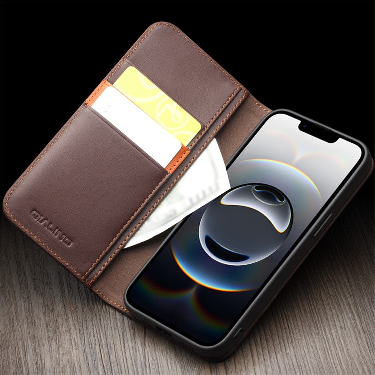 QIALINO For iPhone 16e Stand Case Anti-Drop Genuine Cow Leather Wallet Phone Cover - TechGearPal