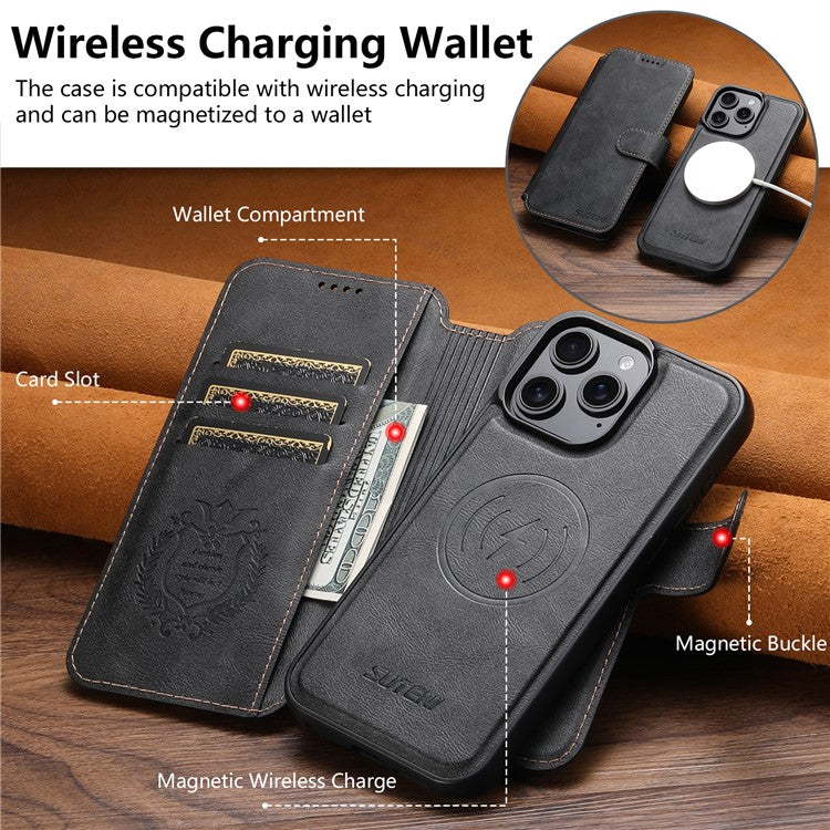 SUTENI Q-05 For iPhone 15 Pro Max Wallet Case 2 in 1 Detachable Leather Flip Phone Cover with Stand - TechGearPal