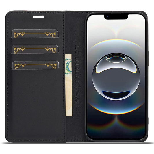 LC.IMEEKE For iPhone 16e Case Carbon Fiber Texture Phone Cover Stand Card Holder - TechGearPal