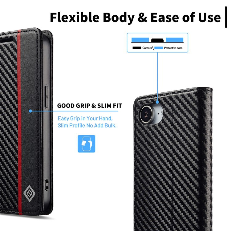 LC.IMEEKE For iPhone 16e Case Carbon Fiber Texture Phone Cover Stand Card Holder - TechGearPal