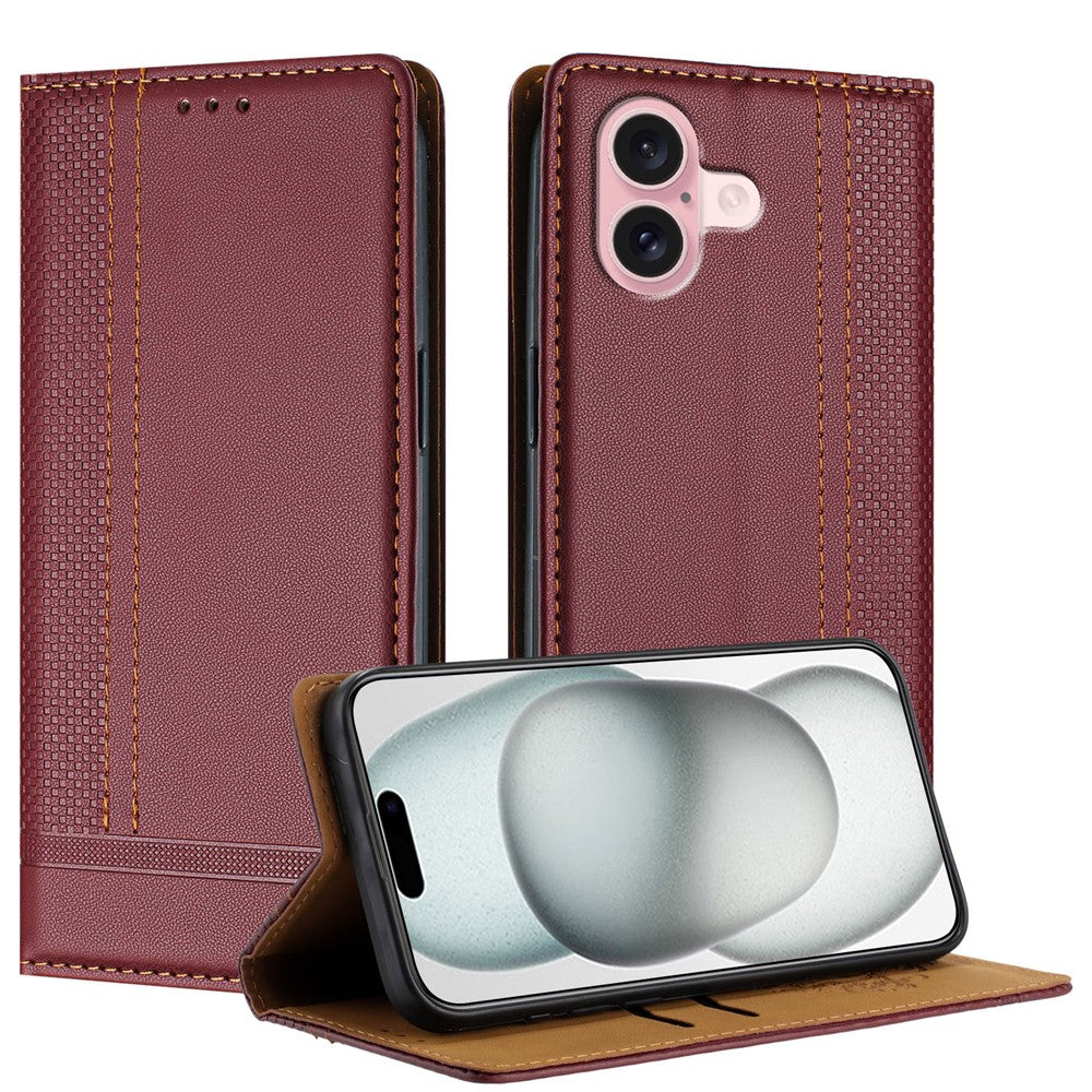 For iPhone 16 Case L-Shaped Grid Pattern Leather Stand Phone Cover with Card Slots