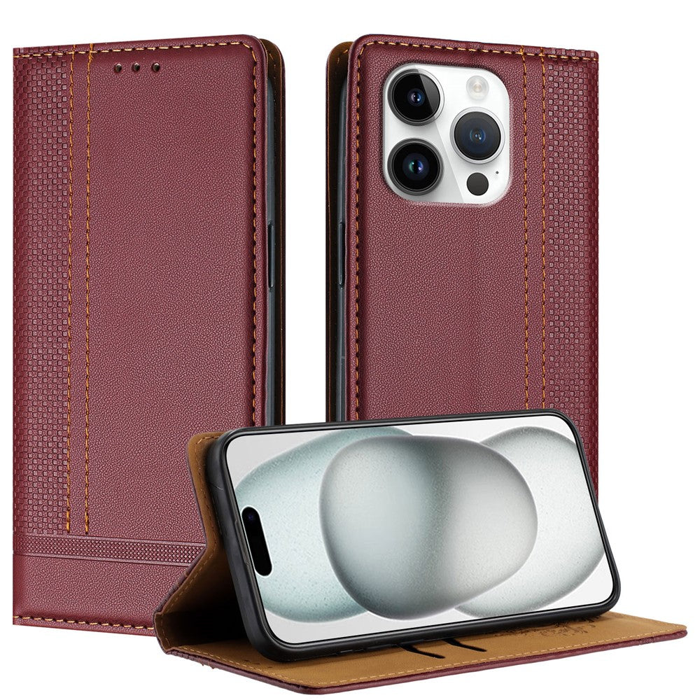 For iPhone 16 Pro Case L-Shaped Grid Pattern Leather Stand Phone Cover with Card Slots