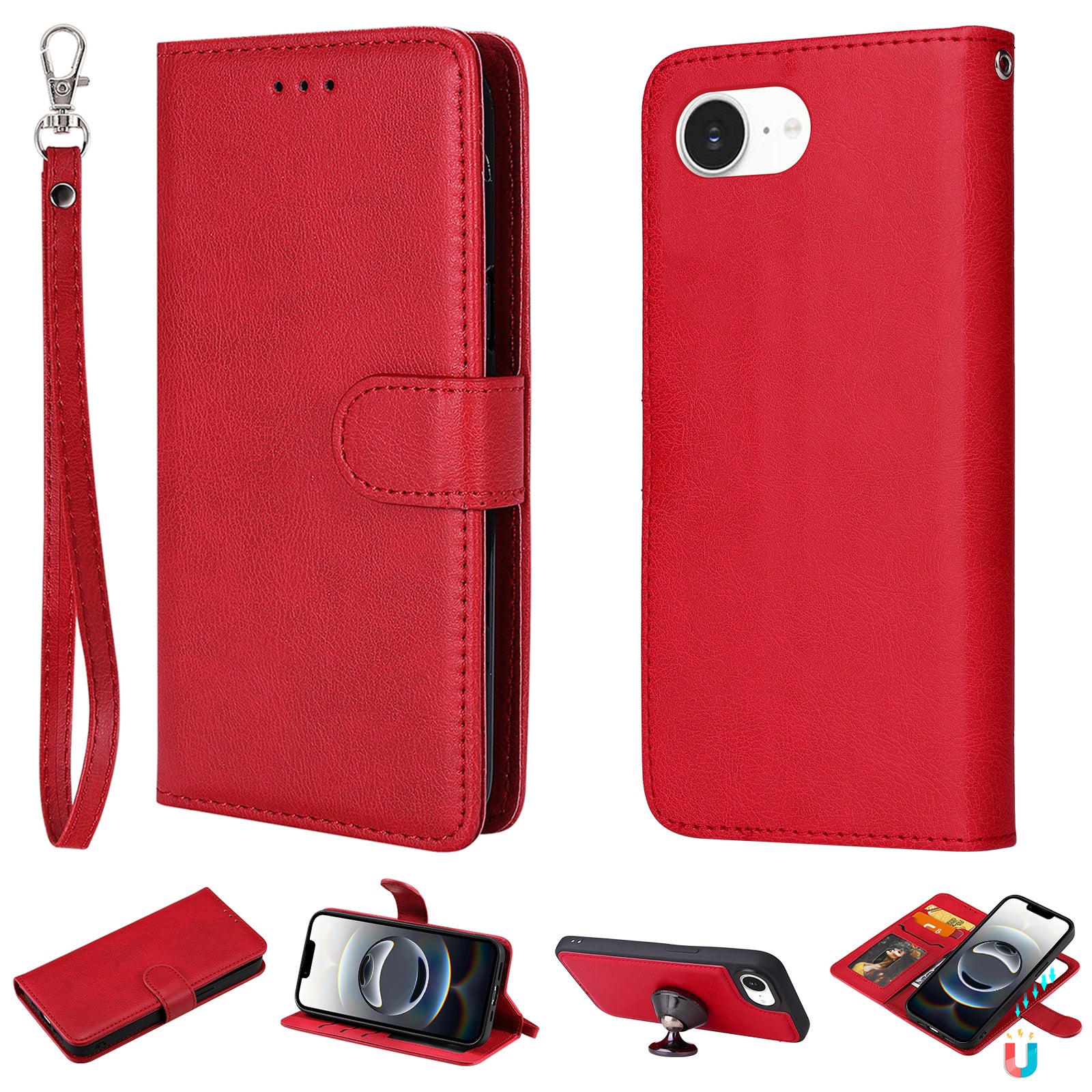 For iPhone 16e Case 2 in 1 Detachable Magnetic Leather Wallet Mobile Cover with Strap - TechGearPal
