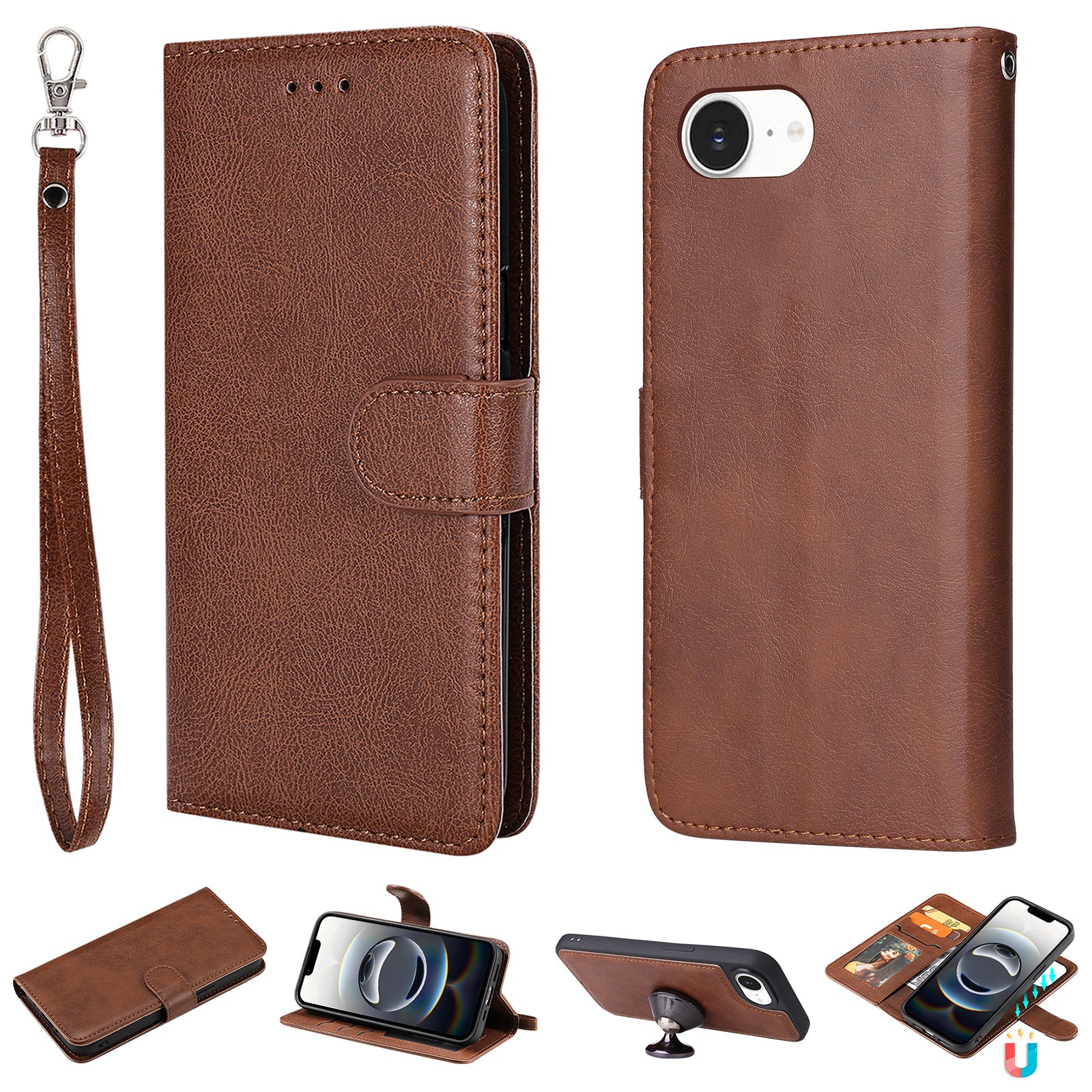 For iPhone 16e Case 2 in 1 Detachable Magnetic Leather Wallet Mobile Cover with Strap - TechGearPal