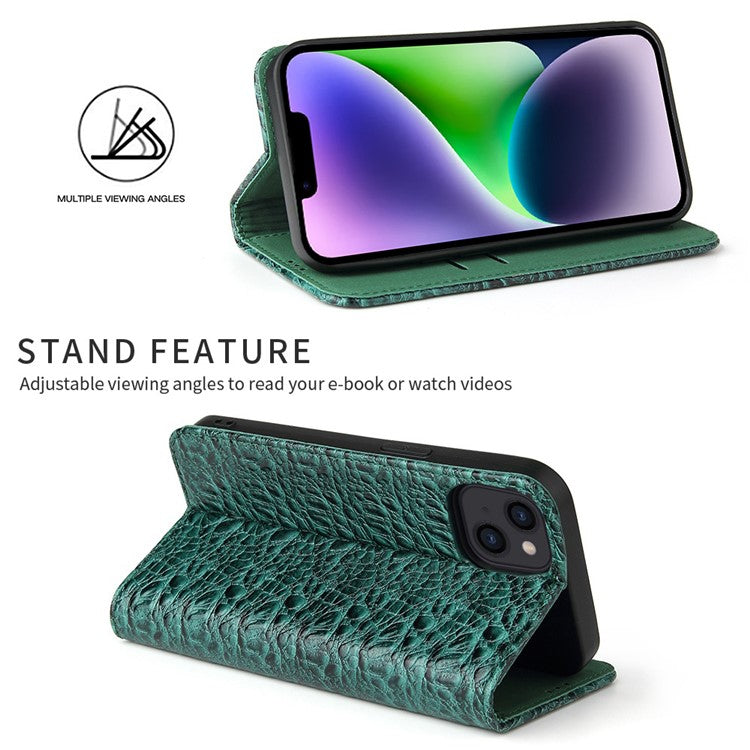 For iPhone 14 Plus Auto-absorbed Magnetic Phone Case Wallet Stand Anti-scratch Top Layer Cowhide Leather Crocodile Texture Cell Phone Cove - TechGearPal