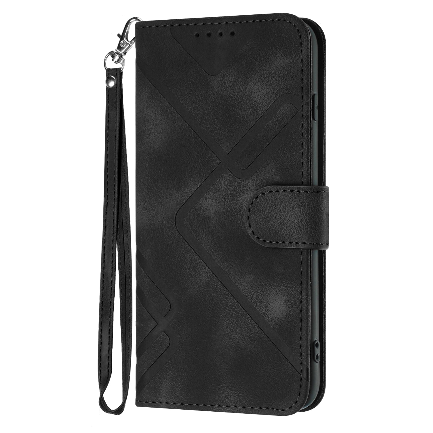 For iPhone 16 Wallet Case Line Imprinted PU Leather Phone Cover with Strap - TechGearPal