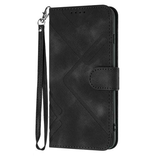 For iPhone 16 Wallet Case Line Imprinted PU Leather Phone Cover with Strap - TechGearPal