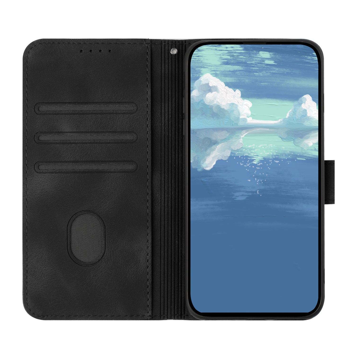 For iPhone 16 Wallet Case Line Imprinted PU Leather Phone Cover with Strap - TechGearPal