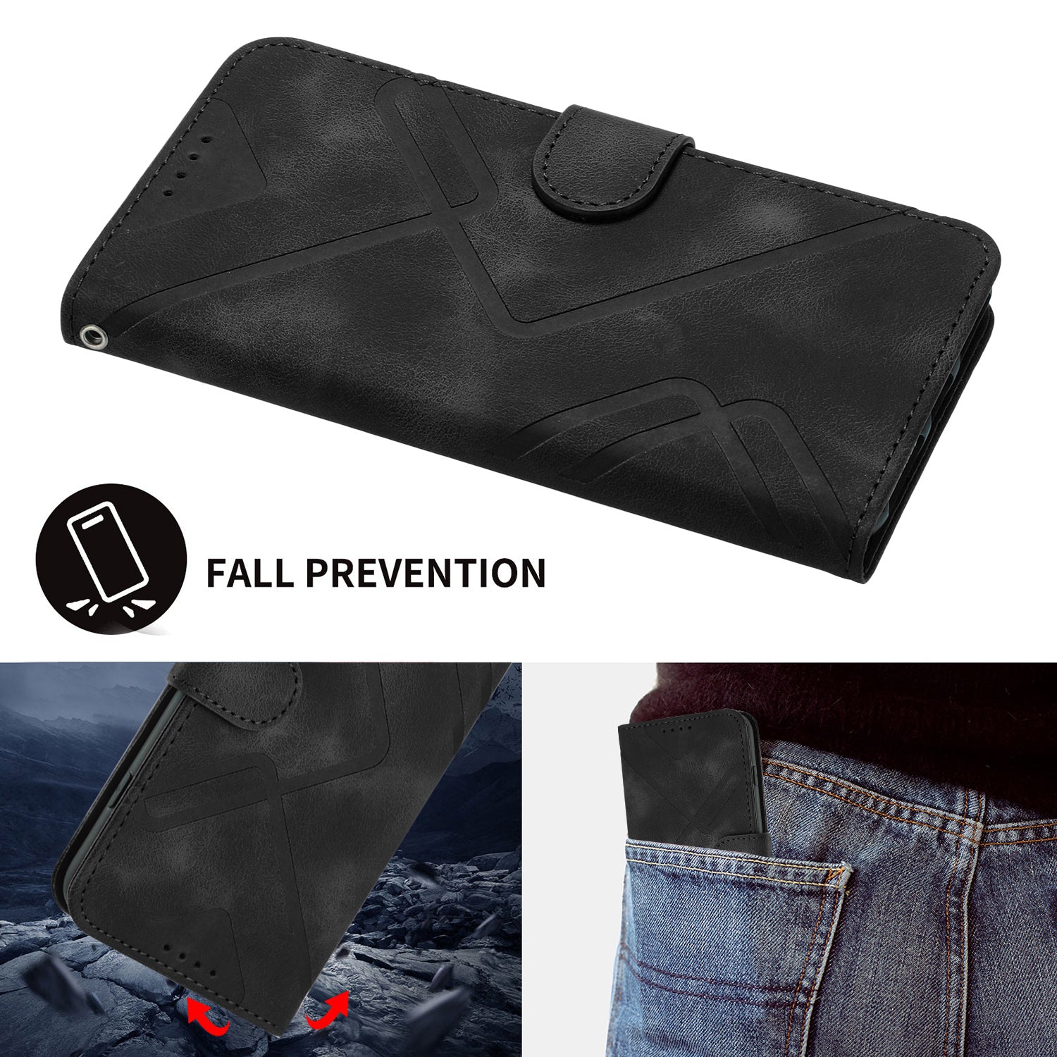 For iPhone 16 Wallet Case Line Imprinted PU Leather Phone Cover with Strap - TechGearPal