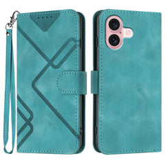 For iPhone 16 Wallet Case Line Imprinted PU Leather Phone Cover with Strap - TechGearPal