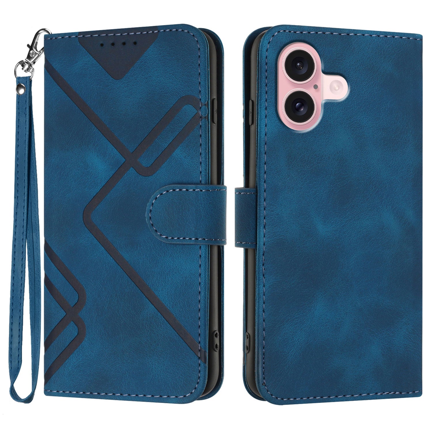 For iPhone 16 Wallet Case Line Imprinted PU Leather Phone Cover with Strap - TechGearPal