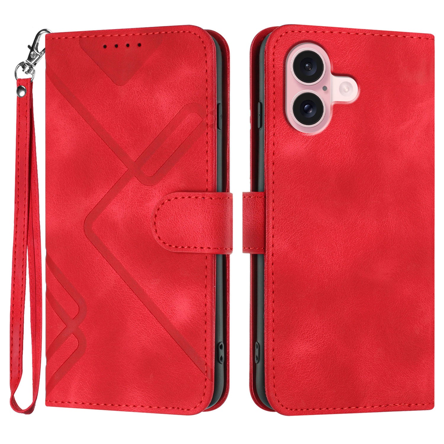 For iPhone 16 Wallet Case Line Imprinted PU Leather Phone Cover with Strap - TechGearPal