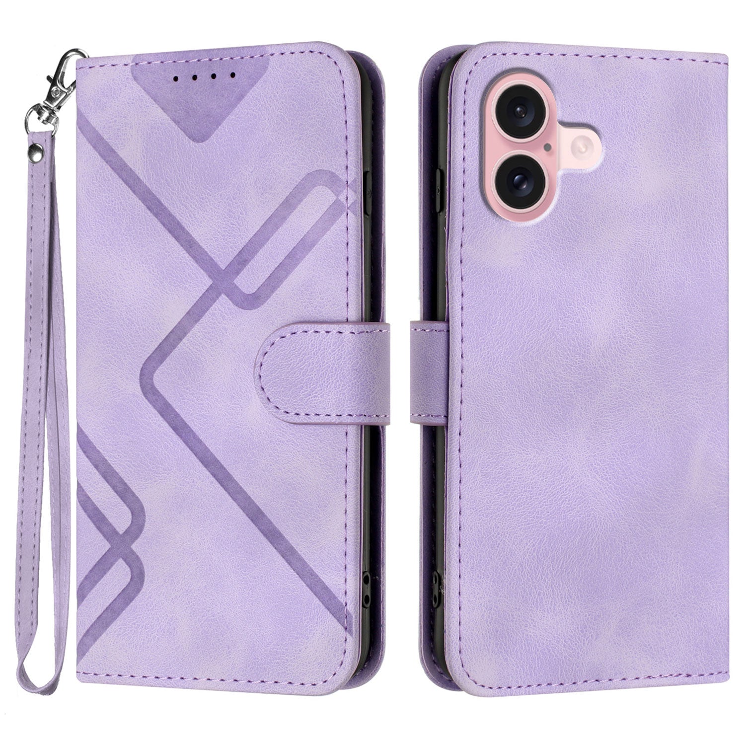 For iPhone 16 Wallet Case Line Imprinted PU Leather Phone Cover with Strap - TechGearPal