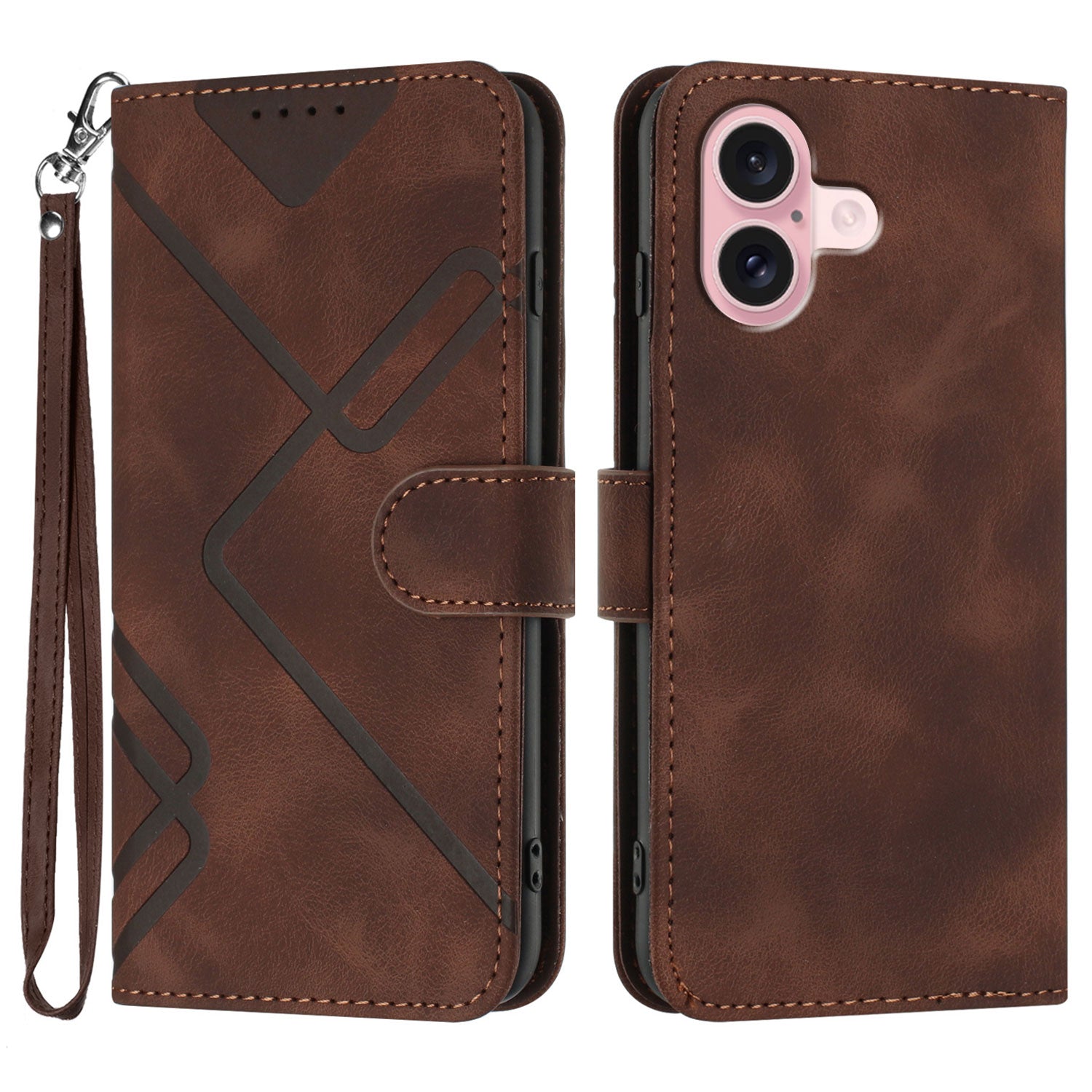 For iPhone 16 Wallet Case Line Imprinted PU Leather Phone Cover with Strap - TechGearPal