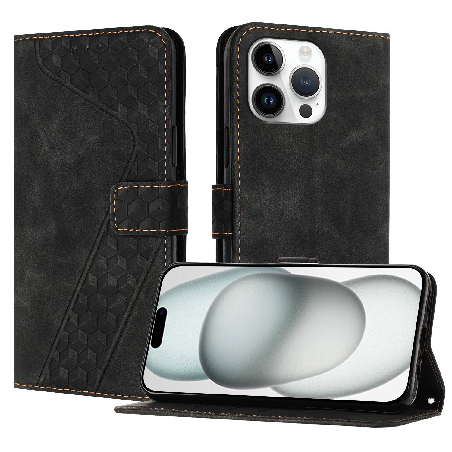 For iPhone 15 Pro Max Leather Case 7-Shaped Pattern Wallet Stand Shockproof Phone Cover - TechGearPal