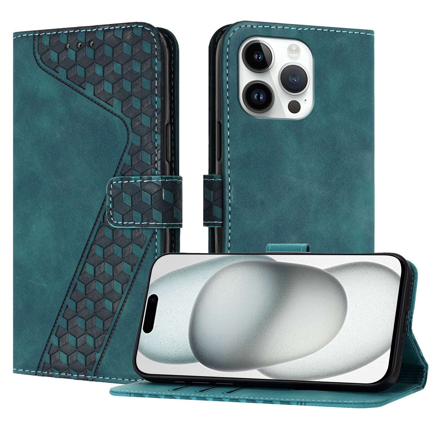For iPhone 15 Pro Max Leather Case 7-Shaped Pattern Wallet Stand Shockproof Phone Cover - TechGearPal