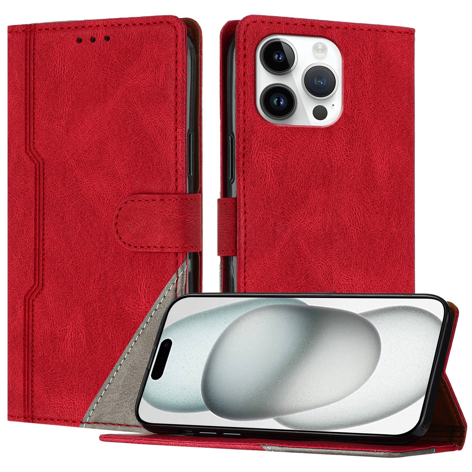 For iPhone 15 Pro Max Leather Case Triangle Patchwork Wallet Stand Shockproof Phone Cover - TechGearPal