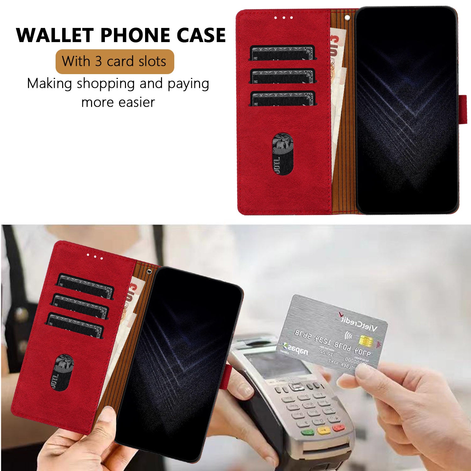 For iPhone 15 Pro Max Leather Case Triangle Patchwork Wallet Stand Shockproof Phone Cover - TechGearPal