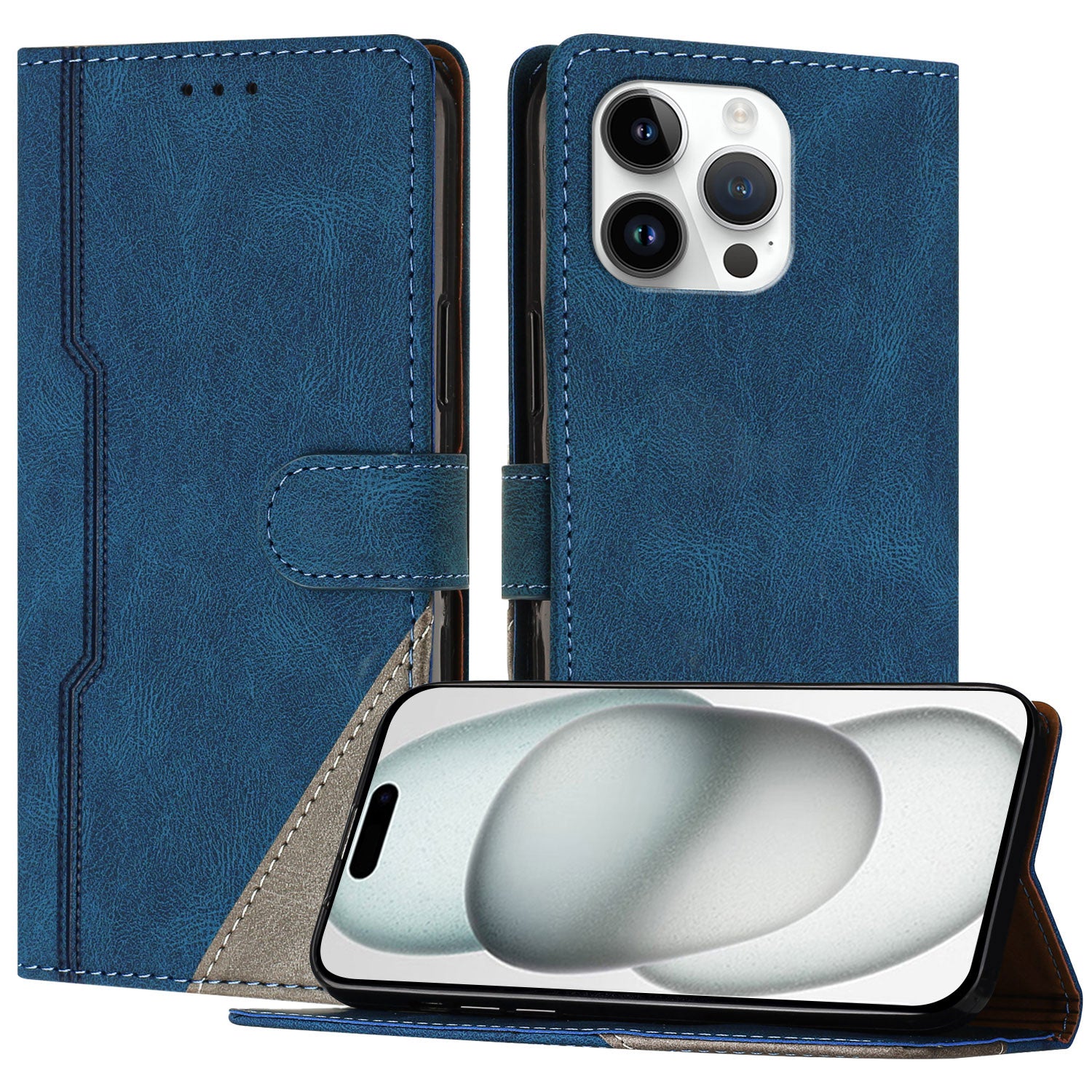 For iPhone 15 Pro Max Leather Case Triangle Patchwork Wallet Stand Shockproof Phone Cover - TechGearPal
