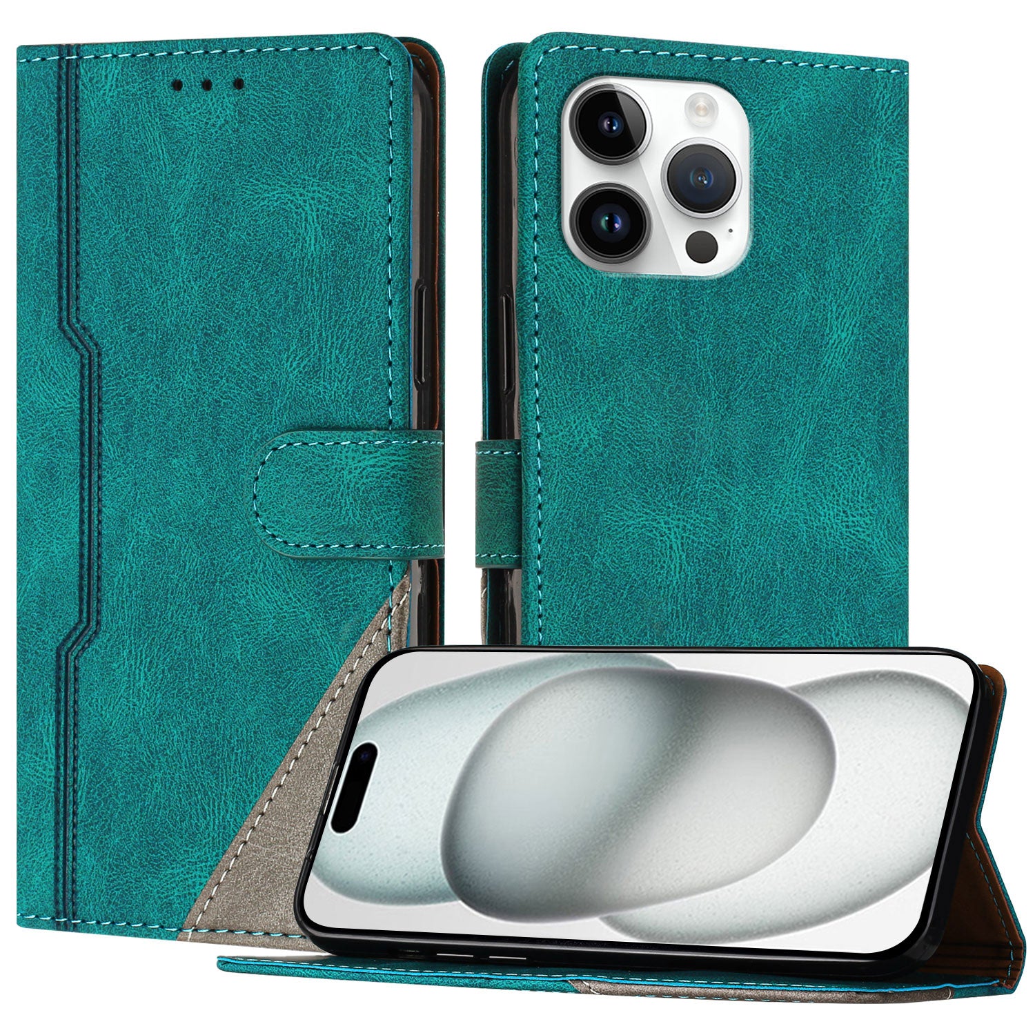 For iPhone 15 Pro Max Leather Case Triangle Patchwork Wallet Stand Shockproof Phone Cover - TechGearPal