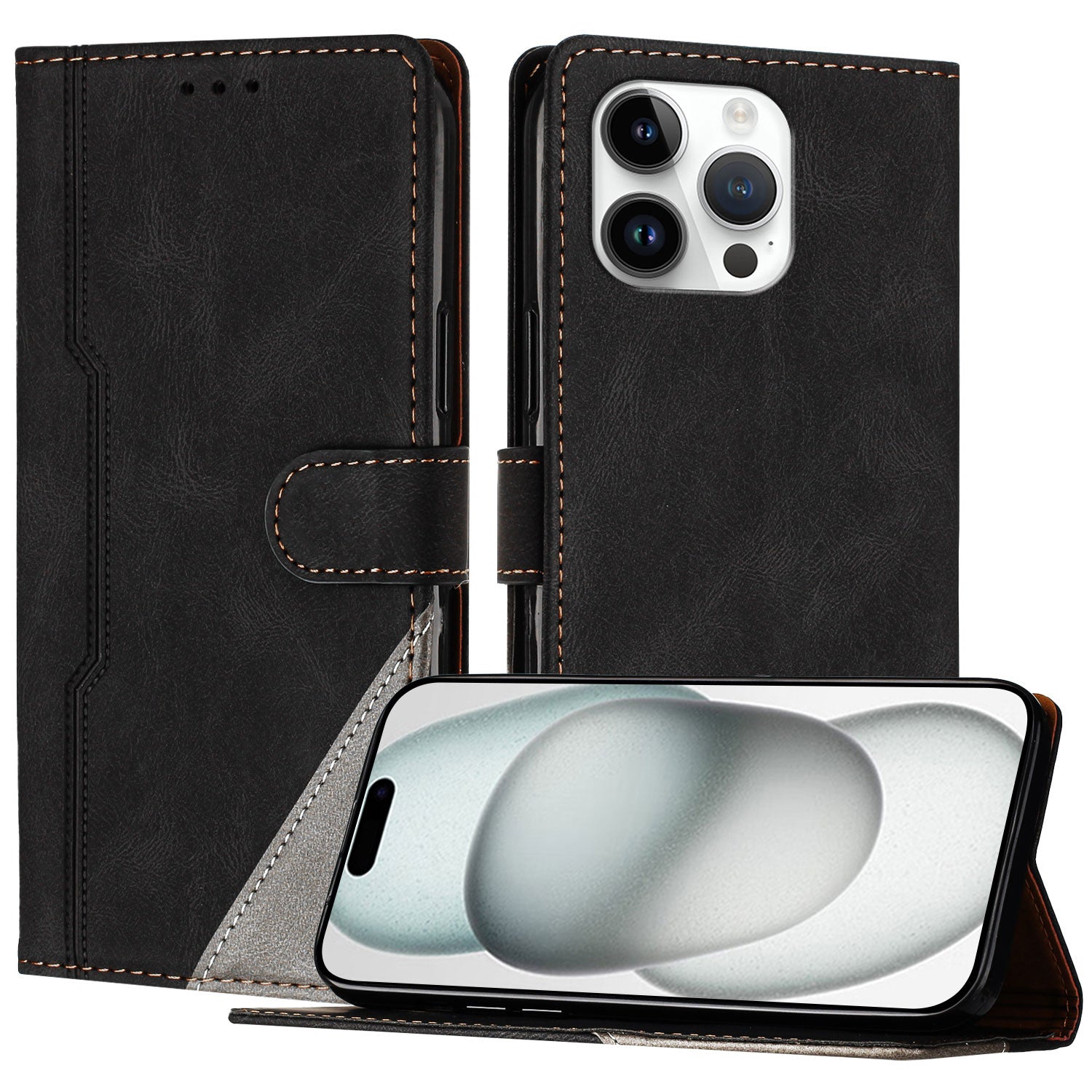 For iPhone 15 Pro Max Leather Case Triangle Patchwork Wallet Stand Shockproof Phone Cover - TechGearPal
