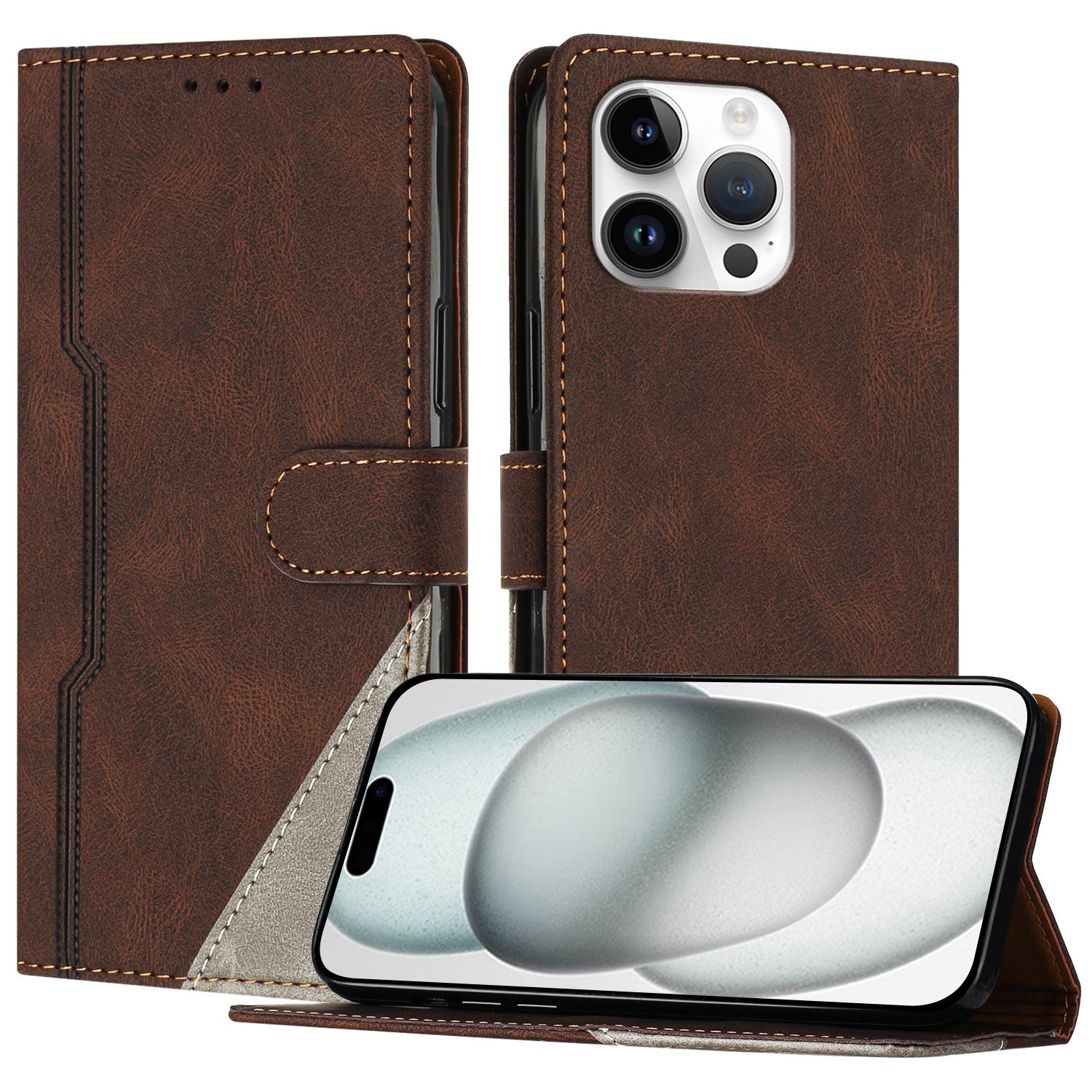 For iPhone 15 Pro Max Leather Case Triangle Patchwork Wallet Stand Shockproof Phone Cover - TechGearPal