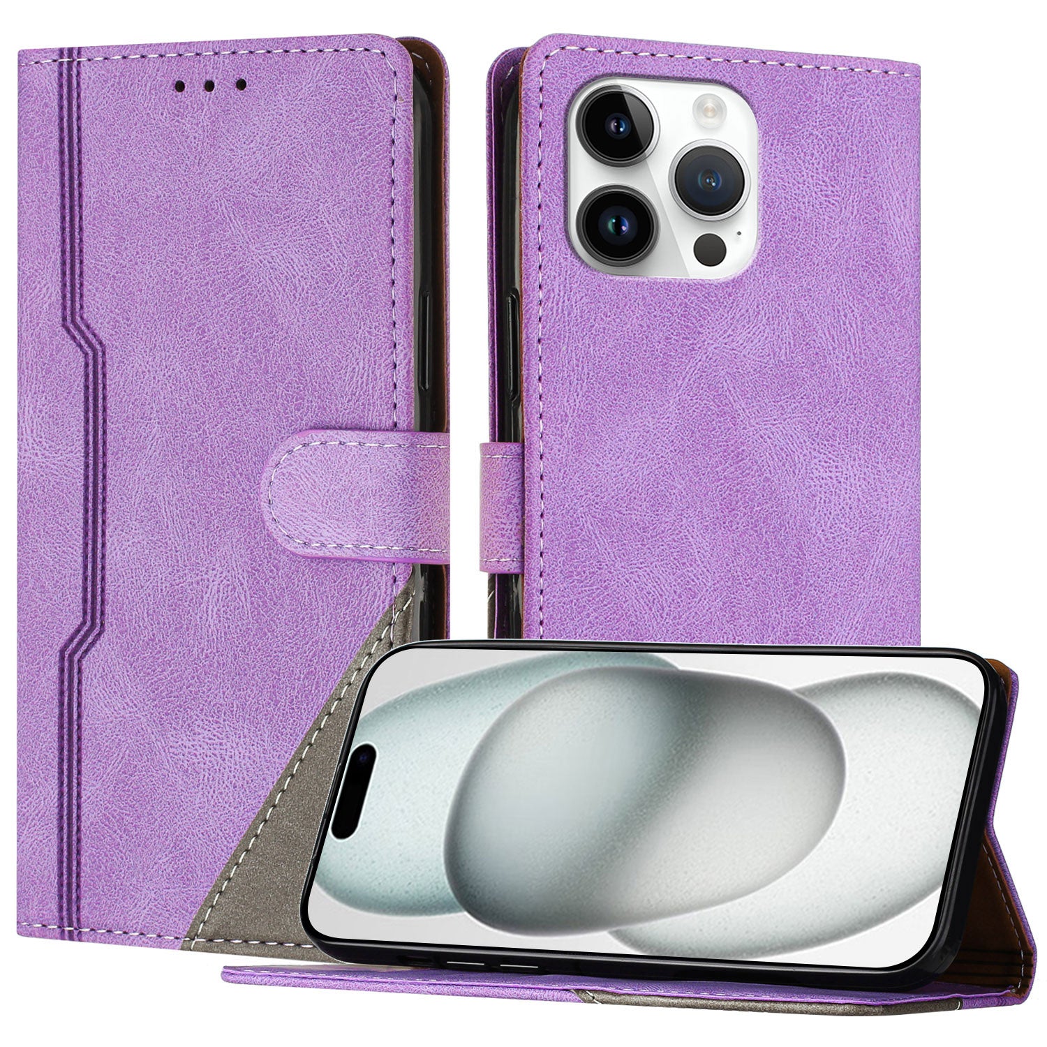 For iPhone 15 Pro Max Leather Case Triangle Patchwork Wallet Stand Shockproof Phone Cover - TechGearPal