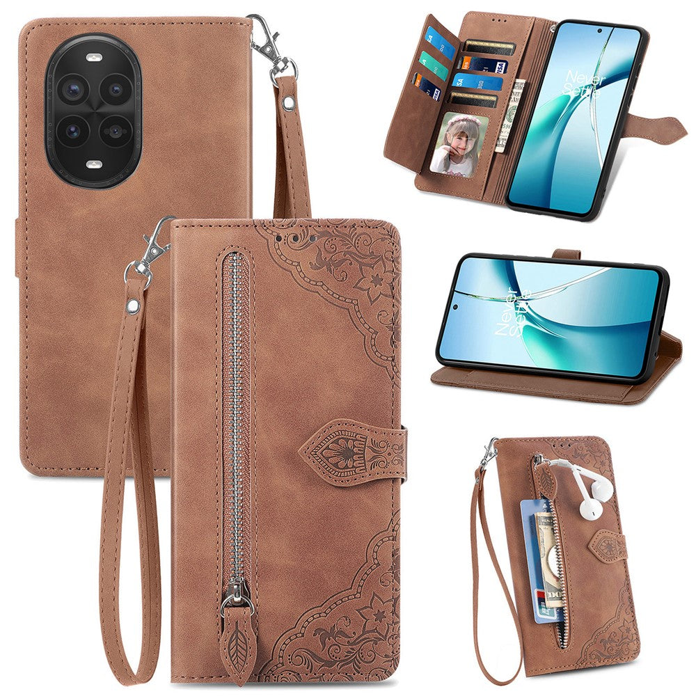 Étui portefeuille à fermeture éclair avec sangle pour Huawei Nova 13 Pro 5G, motif floral, en cuir PU 